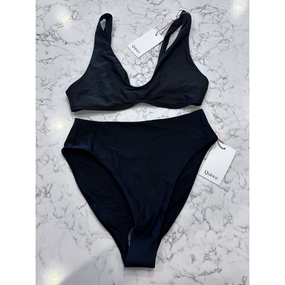 NWT Quince Black Italian Plunge Bikini Top & High Rise High Leg Bottom Set Med